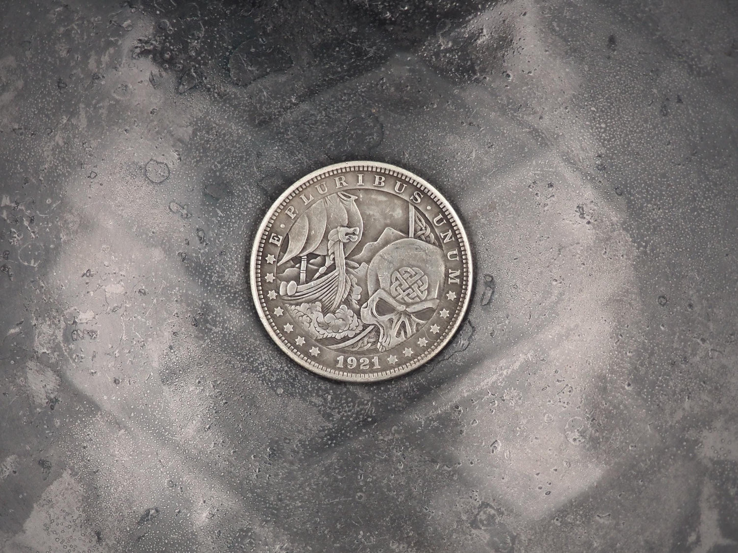 Hand Struck Viking Skull & Invading Long Boats - Valhalla - U.S.A. Morgan Dollar .999 Plated Replica Coin/Token For A Cabinet Of Curiosities