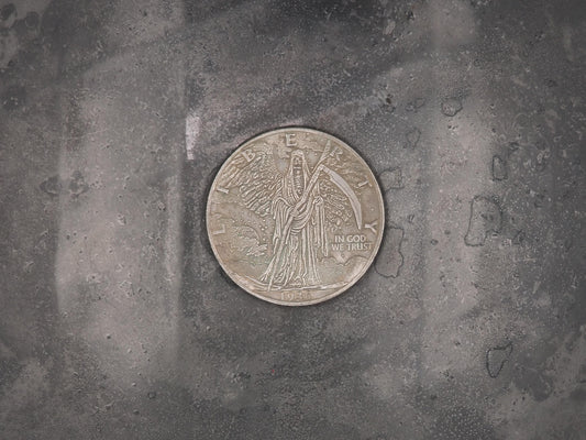 Peace Dollar - Death Grim Reaper Skeleton And His Sharpe Scythe Coin