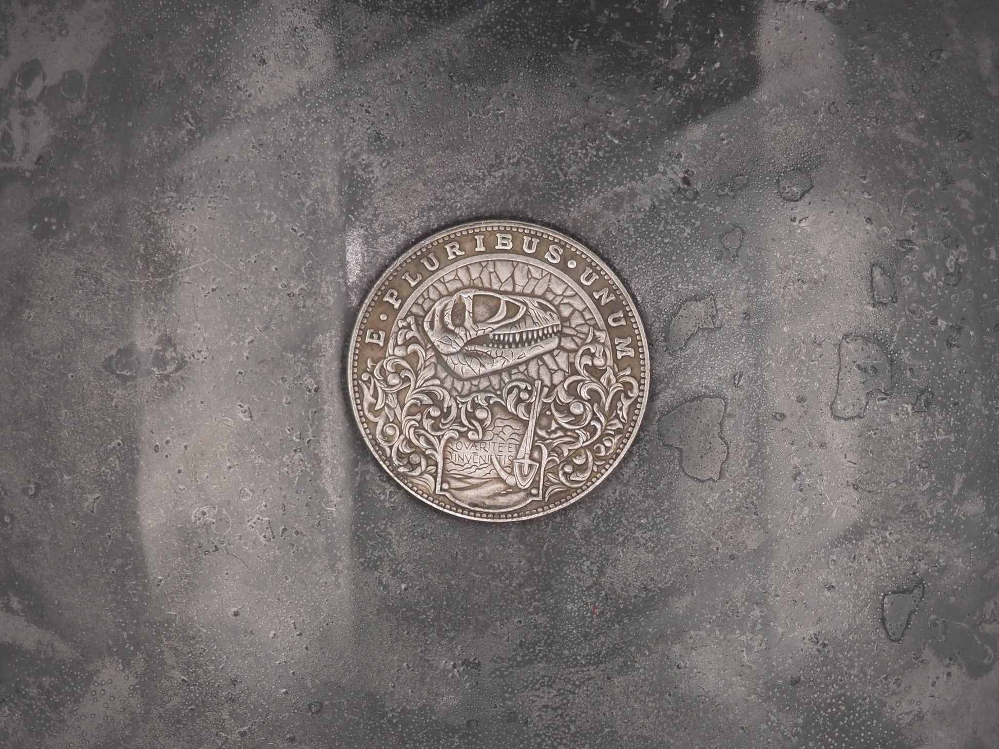 Hand Struck Morgan Silver Dollar Carved Tyrannosaurus Rex (T-Rex) Dinosaur Skull Bones Fossil - Paleontology - Archaeology Coin