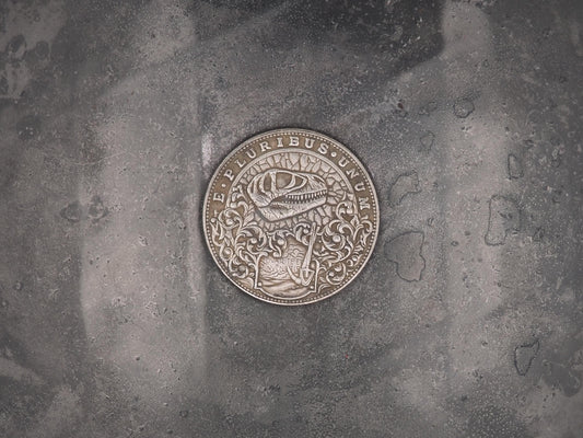 Hand Struck Morgan Silver Dollar Carved Tyrannosaurus Rex (T-Rex) Dinosaur Skull Bones Fossil - Paleontology - Archaeology Coin
