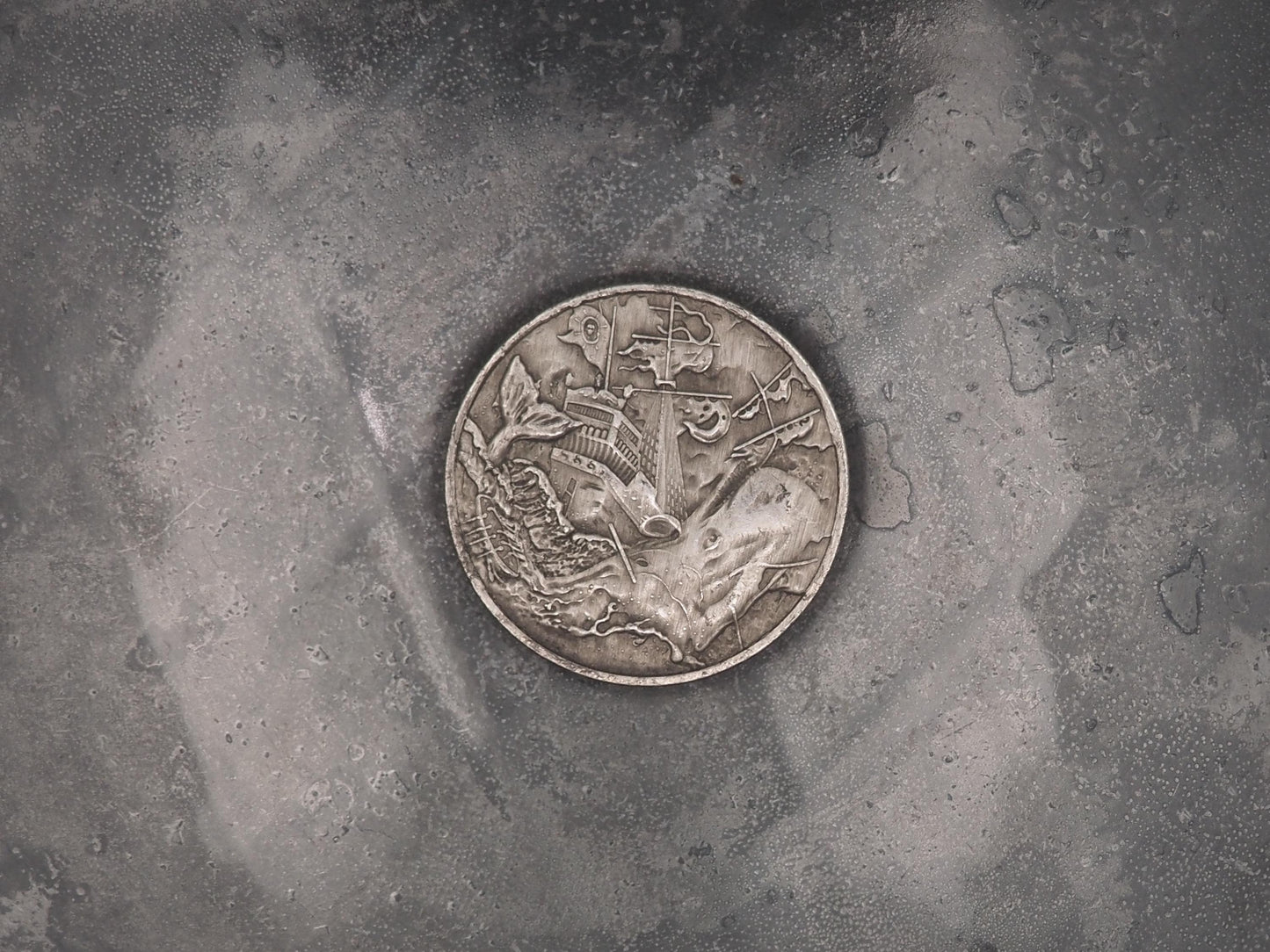 Hand Struck Memento Mori Whaling Ship - No Pray No Pay - Skull/Kraken/Ship/7 Sea's Pirate Heavy Coin Antiqued Plated Unique Collectors Coin