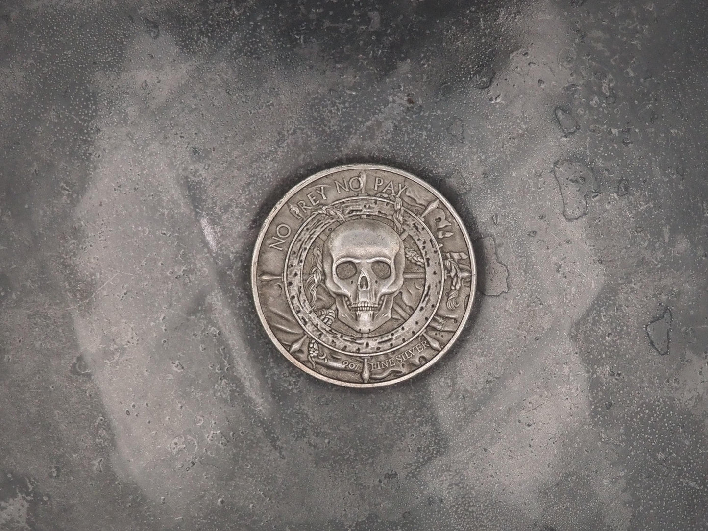 Hand Struck Memento Mori Whaling Ship - No Pray No Pay - Skull/Kraken/Ship/7 Sea's Pirate Heavy Coin Antiqued Plated Unique Collectors Coin