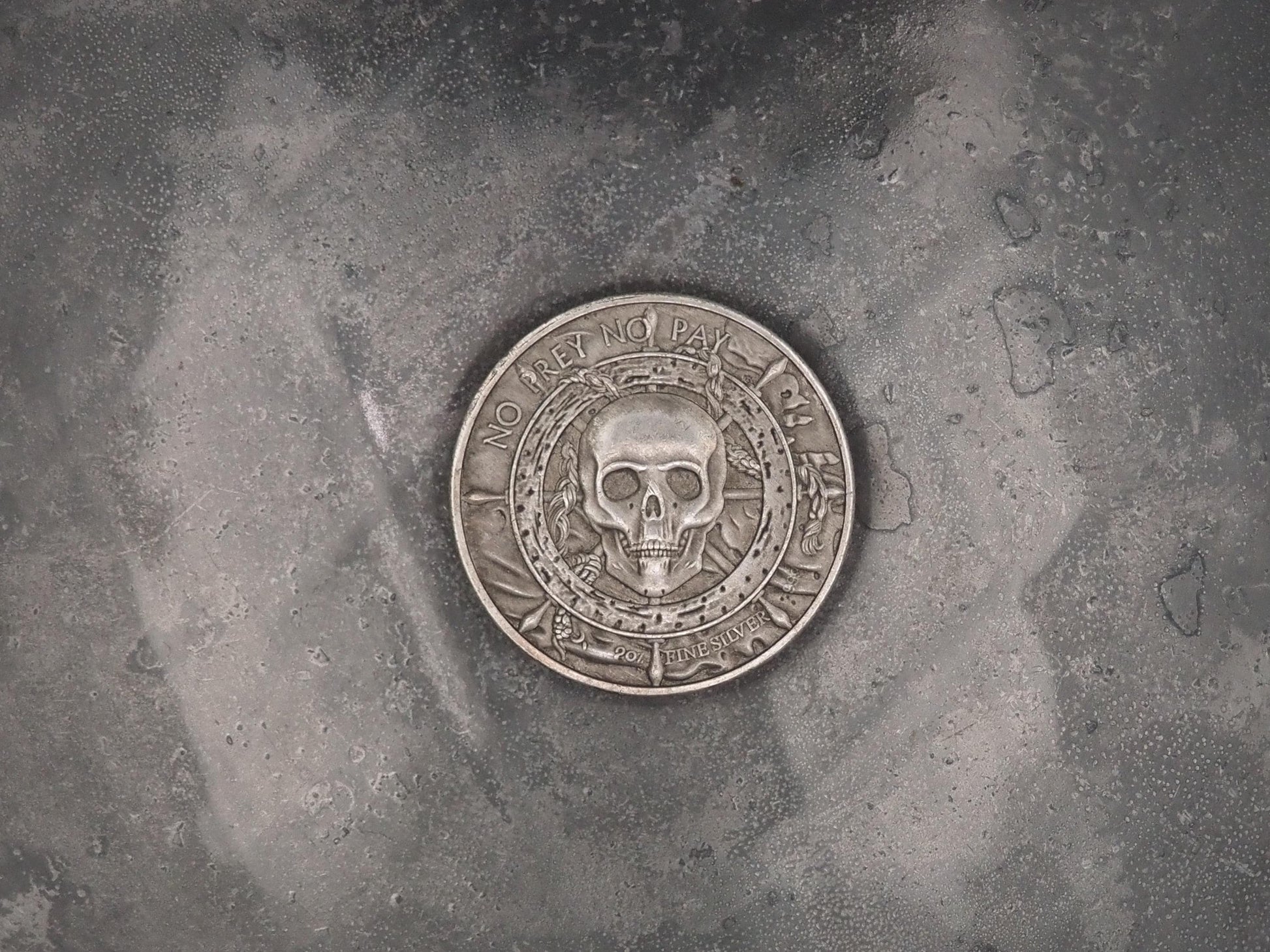 Hand Struck Memento Mori Whaling Ship - No Pray No Pay - Skull/Kraken/Ship/7 Sea's Pirate Heavy Coin Antiqued Plated Unique Collectors Coin