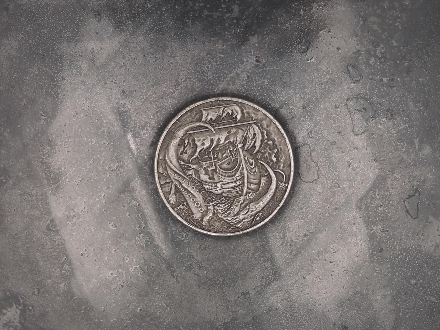 Hand Struck Memento Mori Kraken Sea Monster - No Pray No Pay - Skull/Ship/7 Sea's Pirate Heavy Coin Antiqued Plated Unique Collectors Coin