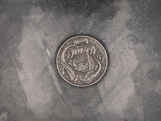 Hand Struck Memento Mori Kraken Sea Monster - No Pray No Pay - Skull/Ship/7 Sea's Pirate Heavy Coin Antiqued Plated Unique Collectors Coin