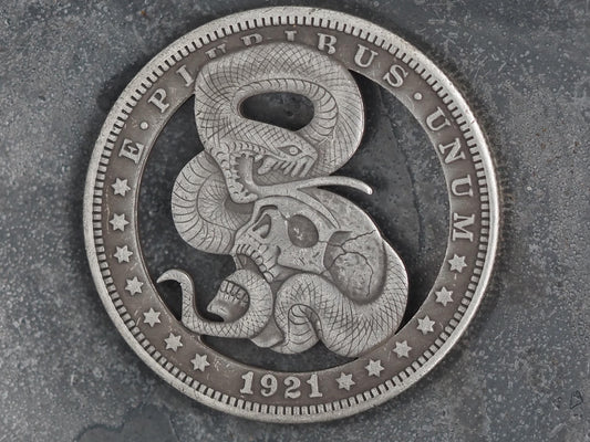 Cut Viper & Skull Morgan Hobo Coin - Memento Mori/Vanitas/Gothic/Death/Snake/Wild West/Texan/Texas/Animal/Fun/Gift – Collectible Or Pendant