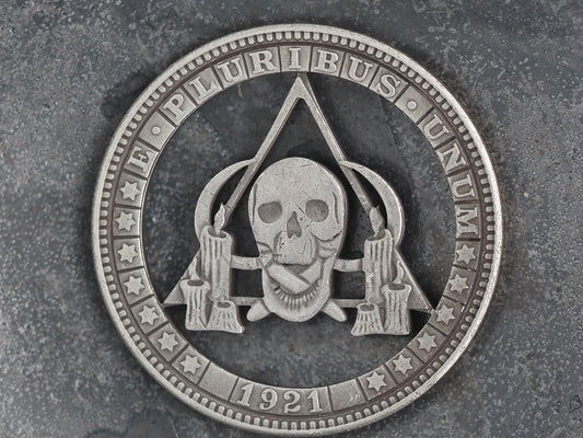 Cut Séance Ritual Morgan Hobo Coin - Memento Mori/Vanitas/Gothic/Masonic/Cult/Occult/Death/Skull/Fun/Gift – Collectible Or Pendant