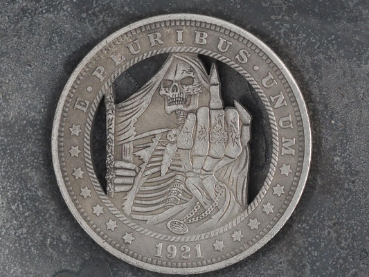 Cut Skeleton Giving The Finger Morgan Hobo Coin - Memento Mori/Vanitas/RPG/TCG/Counter/Role Play/Gaming/Token – Collectible Or Pendant