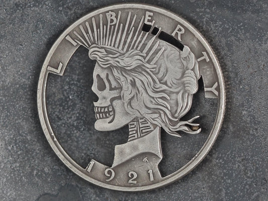 Cut Lady Liberty Skull Peace Hobo Coin - Memento Mori/Vanitas/Skeleton/Gothic/Cool/Icon/Rocker/Biker/Token – Collectible Or Pendant