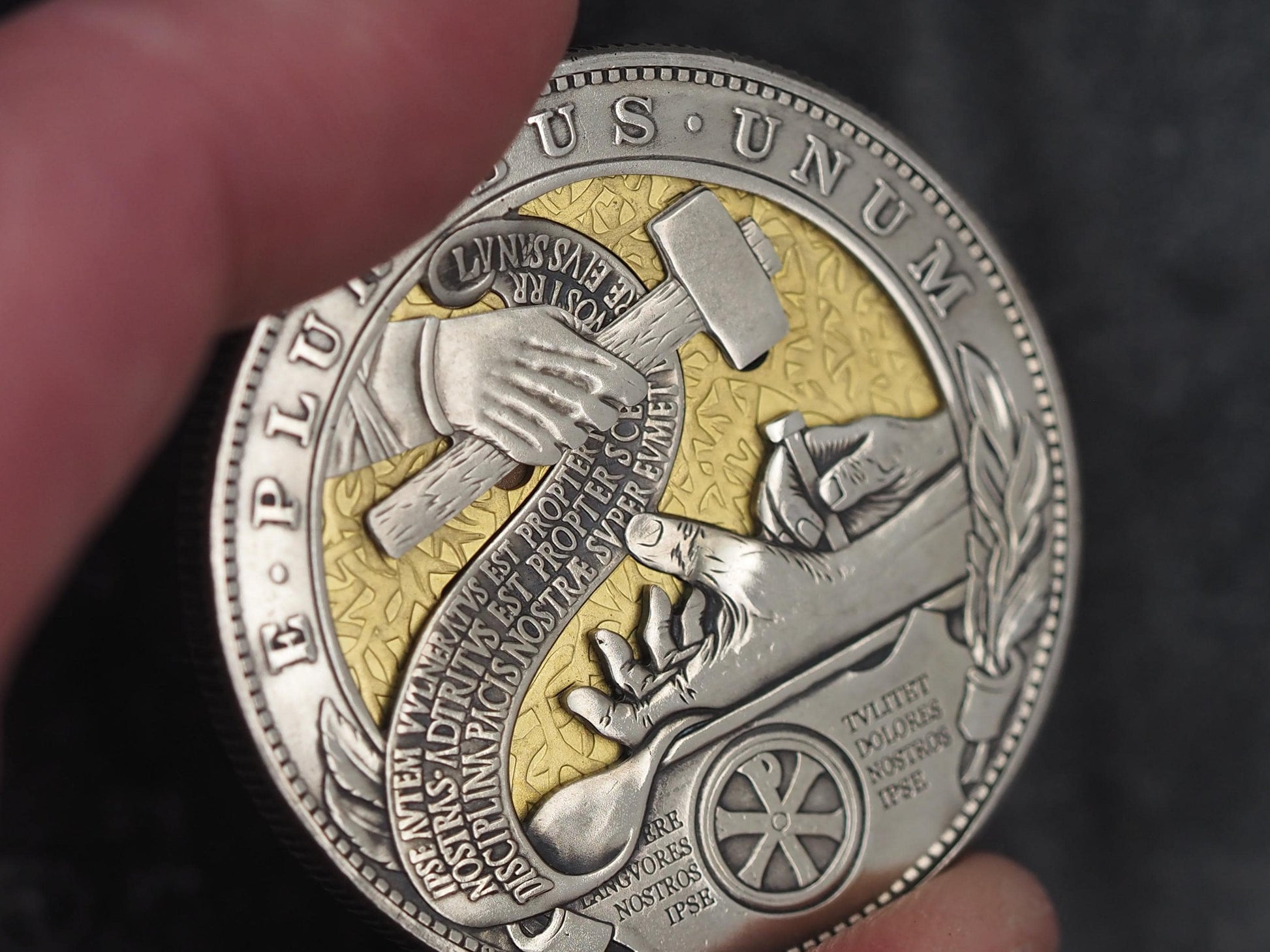 Christs Crucifixion Mechanical Morgan Dollar Replica (Gold Back) - Religious/God/Rapture/Biblical/Wrath/Empire - Roman Booteen/Moving Coin
