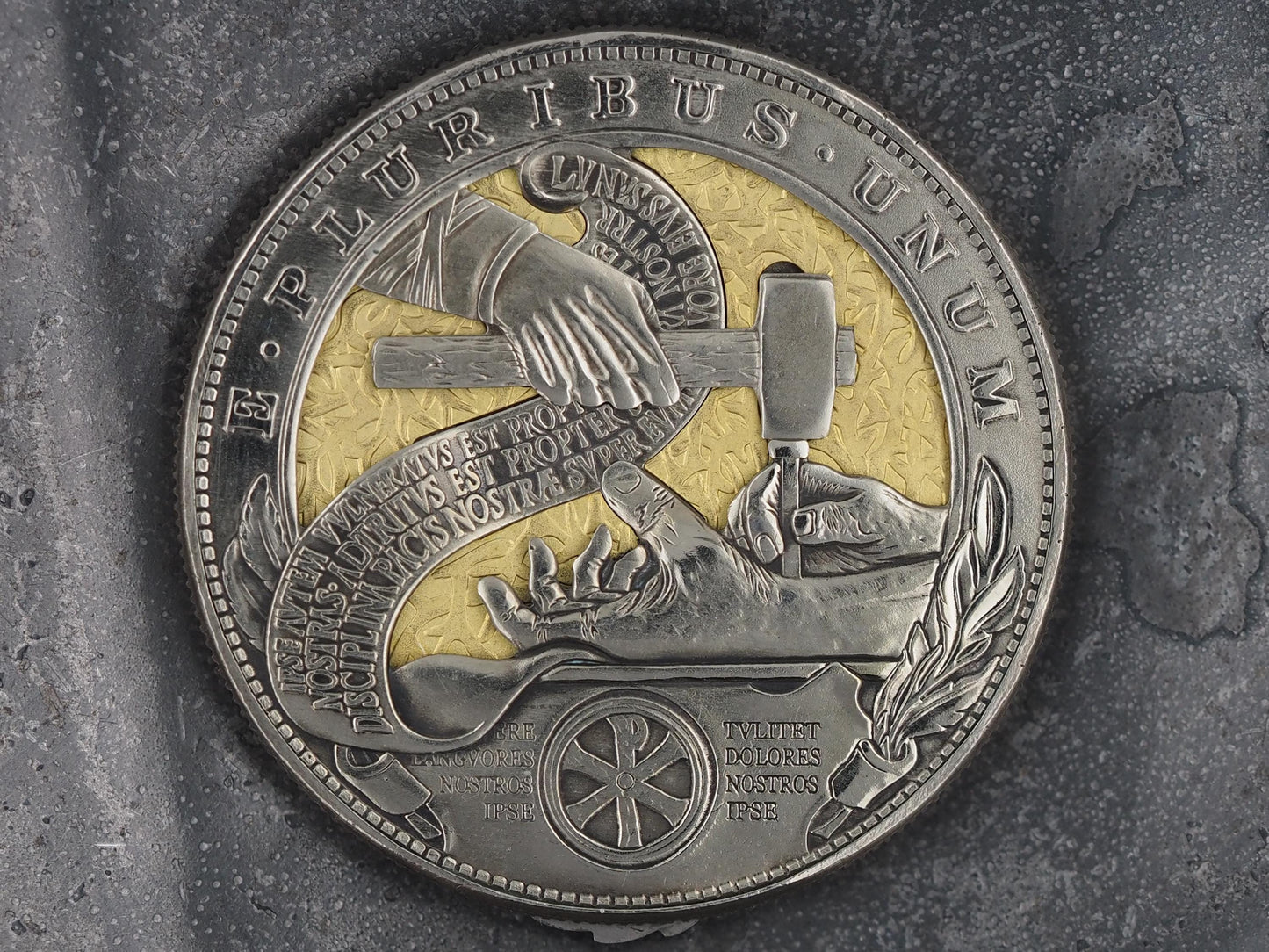 Christs Crucifixion Mechanical Morgan Dollar Replica (Gold Back) - Religious/God/Rapture/Biblical/Wrath/Empire - Roman Booteen/Moving Coin
