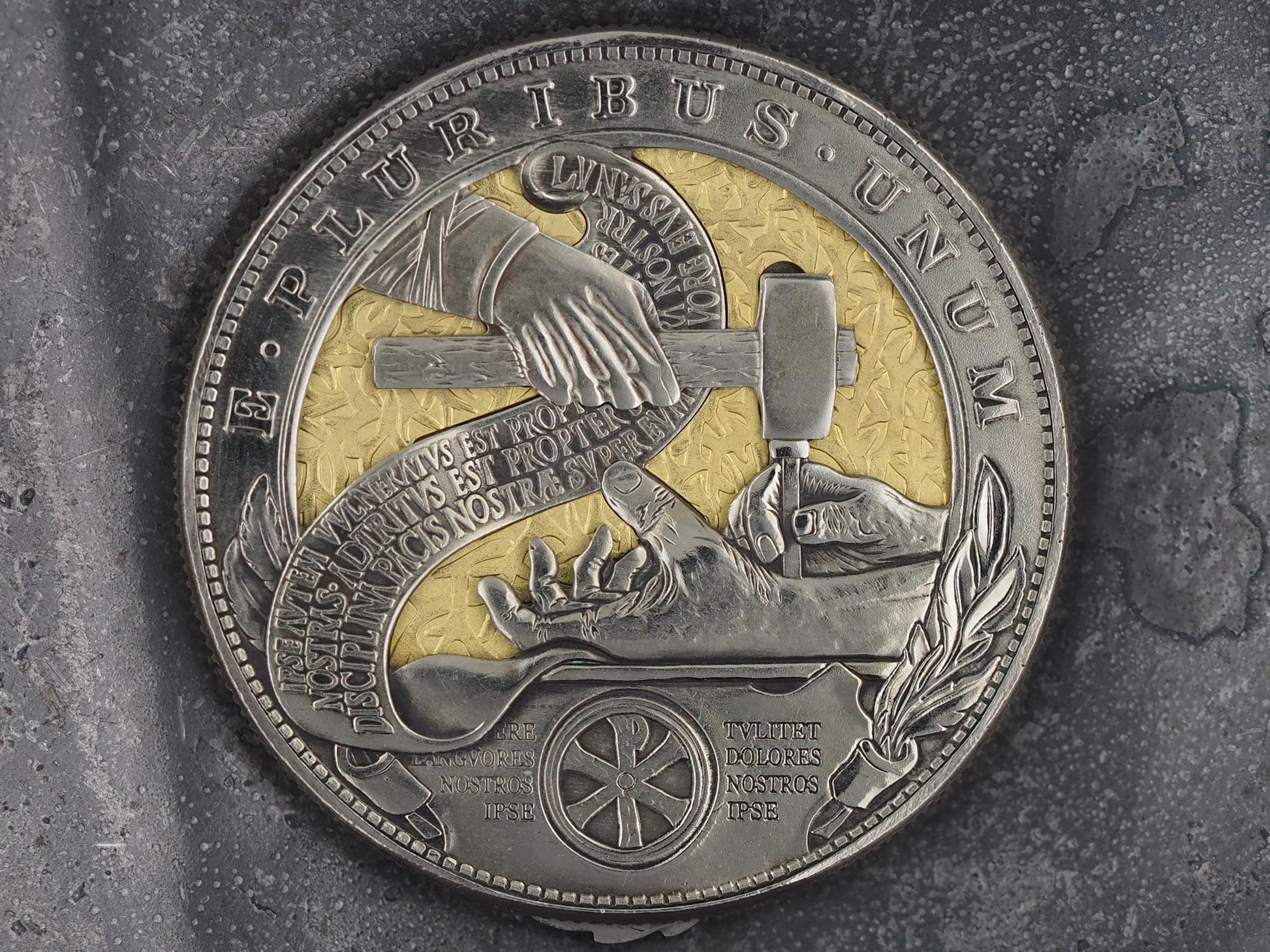 Christs Crucifixion Mechanical Morgan Dollar Replica (Gold Back) - Religious/God/Rapture/Biblical/Wrath/Empire - Roman Booteen/Moving Coin