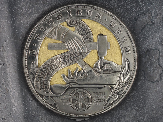Christs Crucifixion Mechanical Morgan Dollar Replica (Gold Back) - Religious/God/Rapture/Biblical/Wrath/Empire - Roman Booteen/Moving Coin