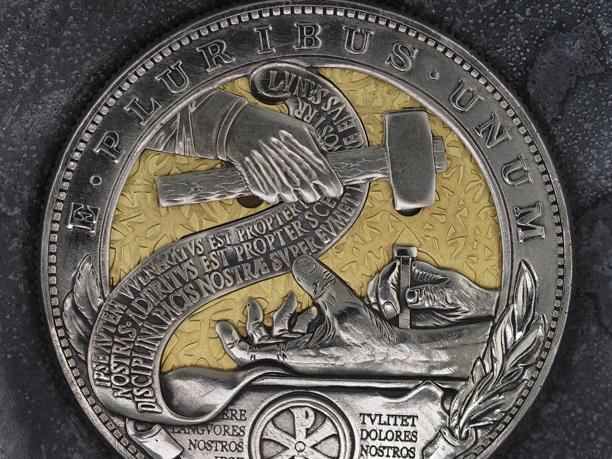 Christs Crucifixion Mechanical Morgan Dollar Replica (Gold Back) - Religious/God/Rapture/Biblical/Wrath/Empire - Roman Booteen/Moving Coin