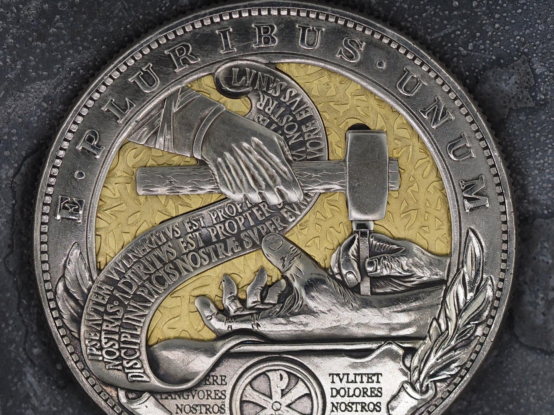 Christs Crucifixion Mechanical Morgan Dollar Replica (Gold Back) - Religious/God/Rapture/Biblical/Wrath/Empire - Roman Booteen/Moving Coin