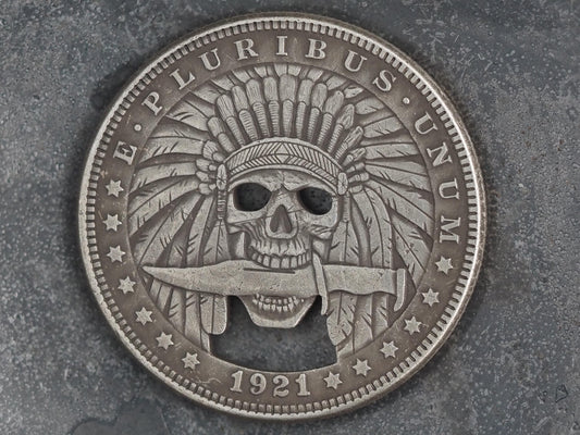 Cut Indian Warrior Skull Morgan Hobo Coin - Memento Mori/Native/Wild West Cowboy/Rancher/Fun/Gift – Collectible Or Pendant
