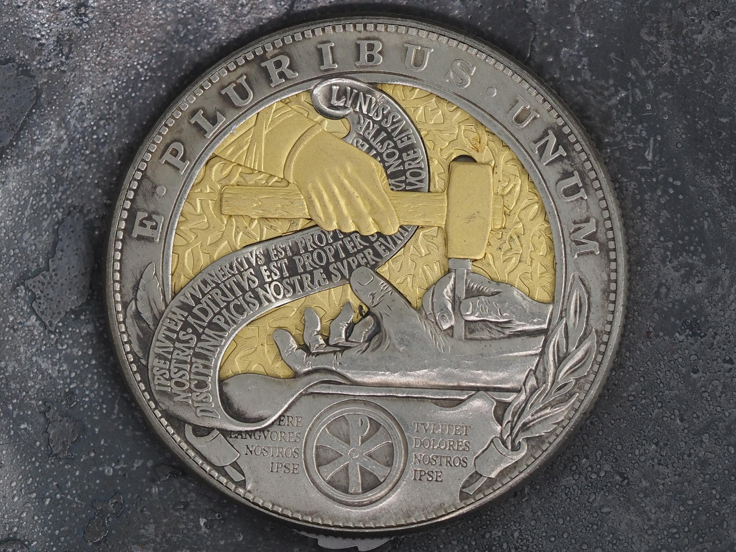 Christs Crucifixion Mechanical Morgan Dollar Replica (Gold) - Religious/God/Rapture/Biblical/Wrath/Empire - Roman Booteen/Moving Coin