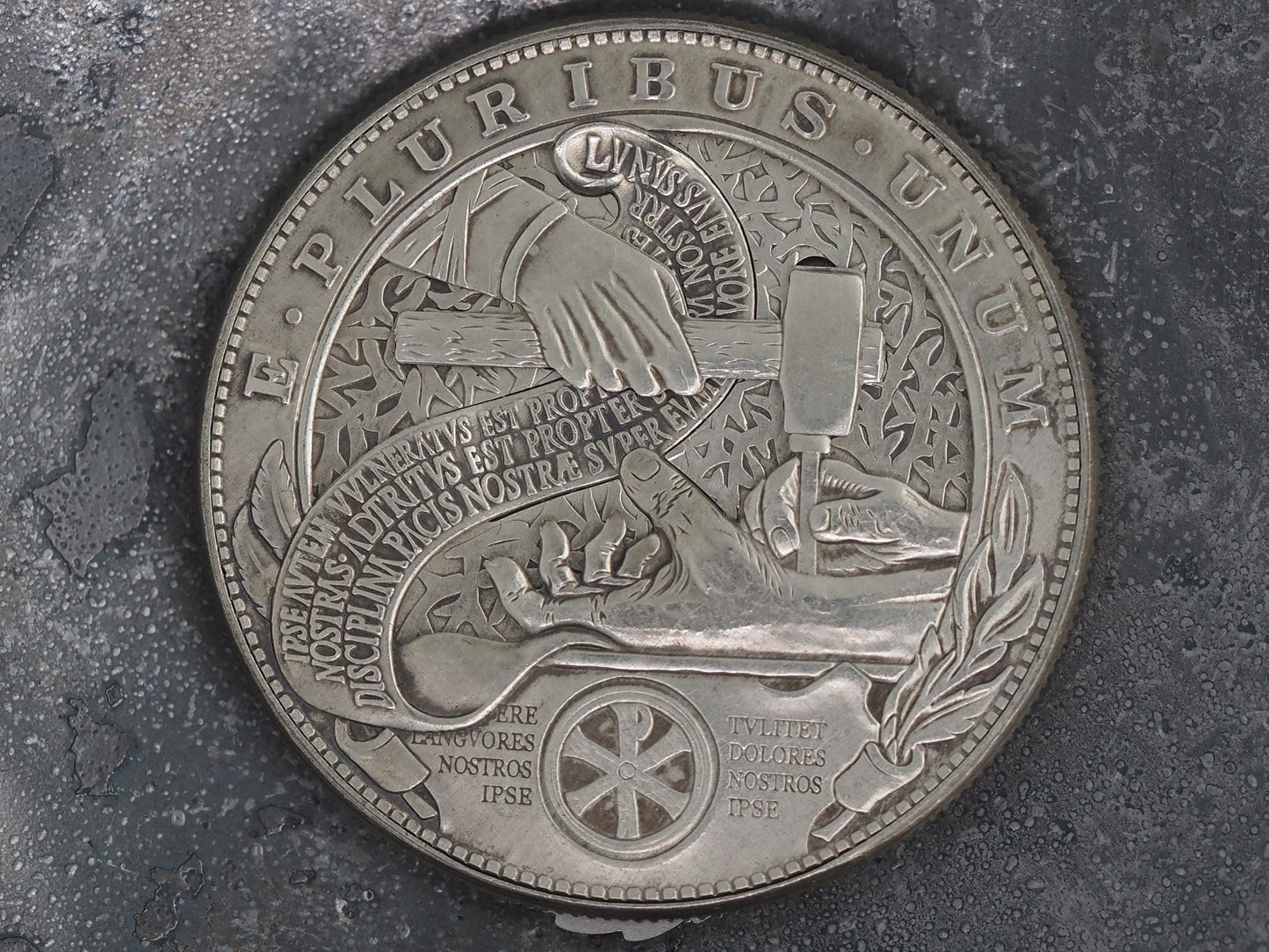 Christs Crucifixion Mechanical Morgan Dollar Replica (Silver) - Religious/God/Rapture/Biblical/Wrath/Empire - Roman Booteen/Moving Coin