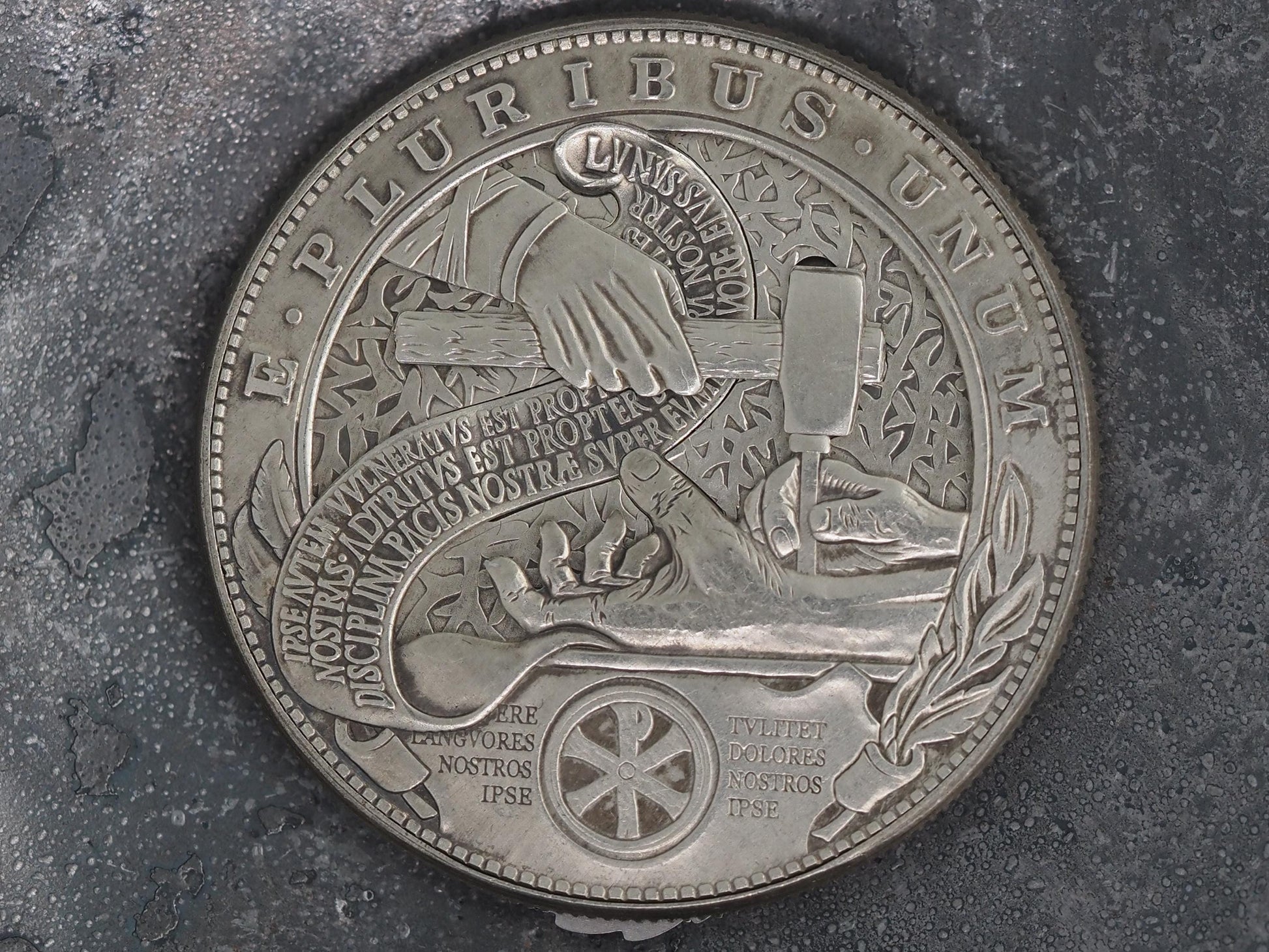 Christs Crucifixion Mechanical Morgan Dollar Replica (Silver) - Religious/God/Rapture/Biblical/Wrath/Empire - Roman Booteen/Moving Coin