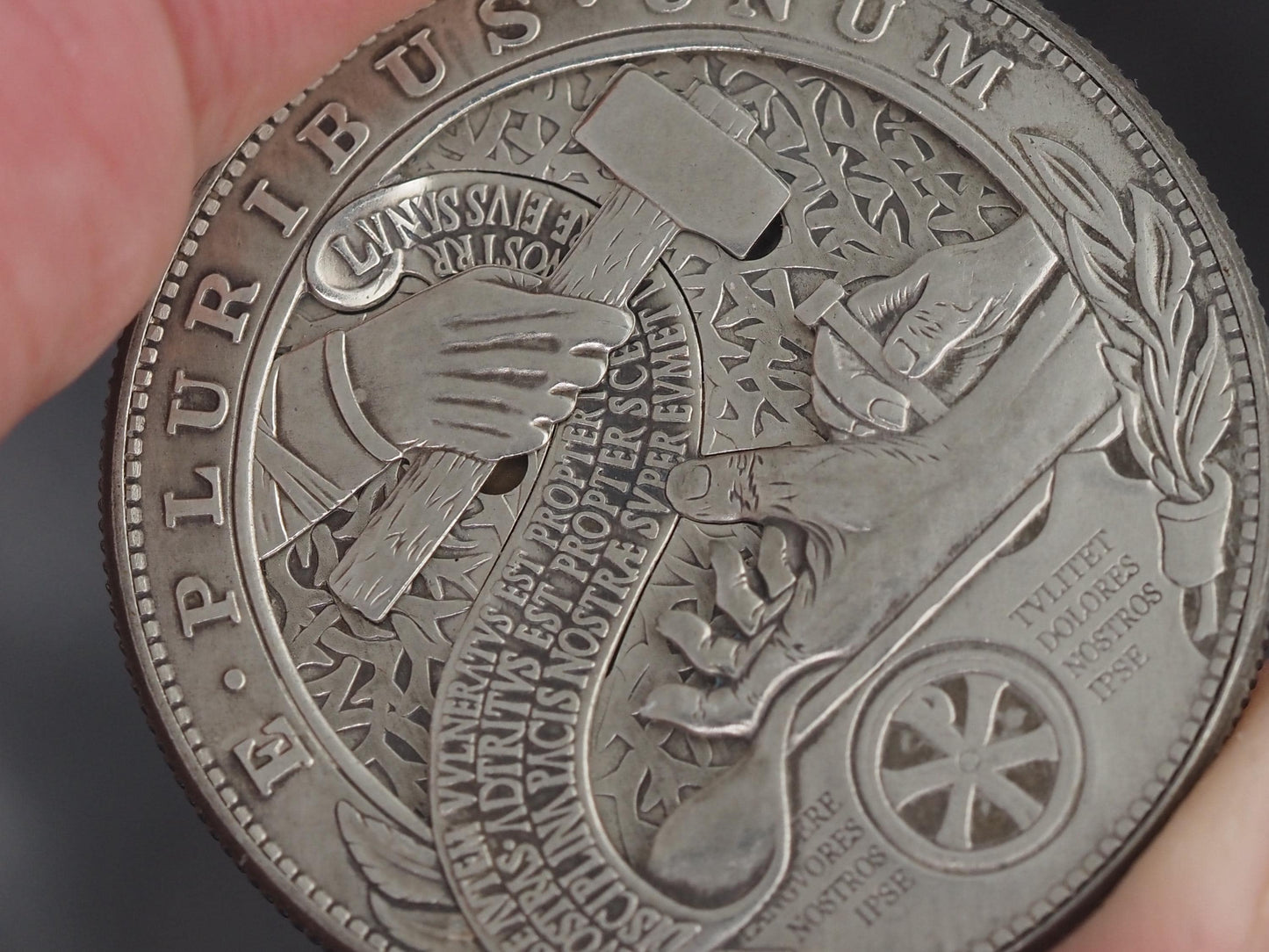 Christs Crucifixion Mechanical Morgan Dollar Replica (Silver) - Religious/God/Rapture/Biblical/Wrath/Empire - Roman Booteen/Moving Coin