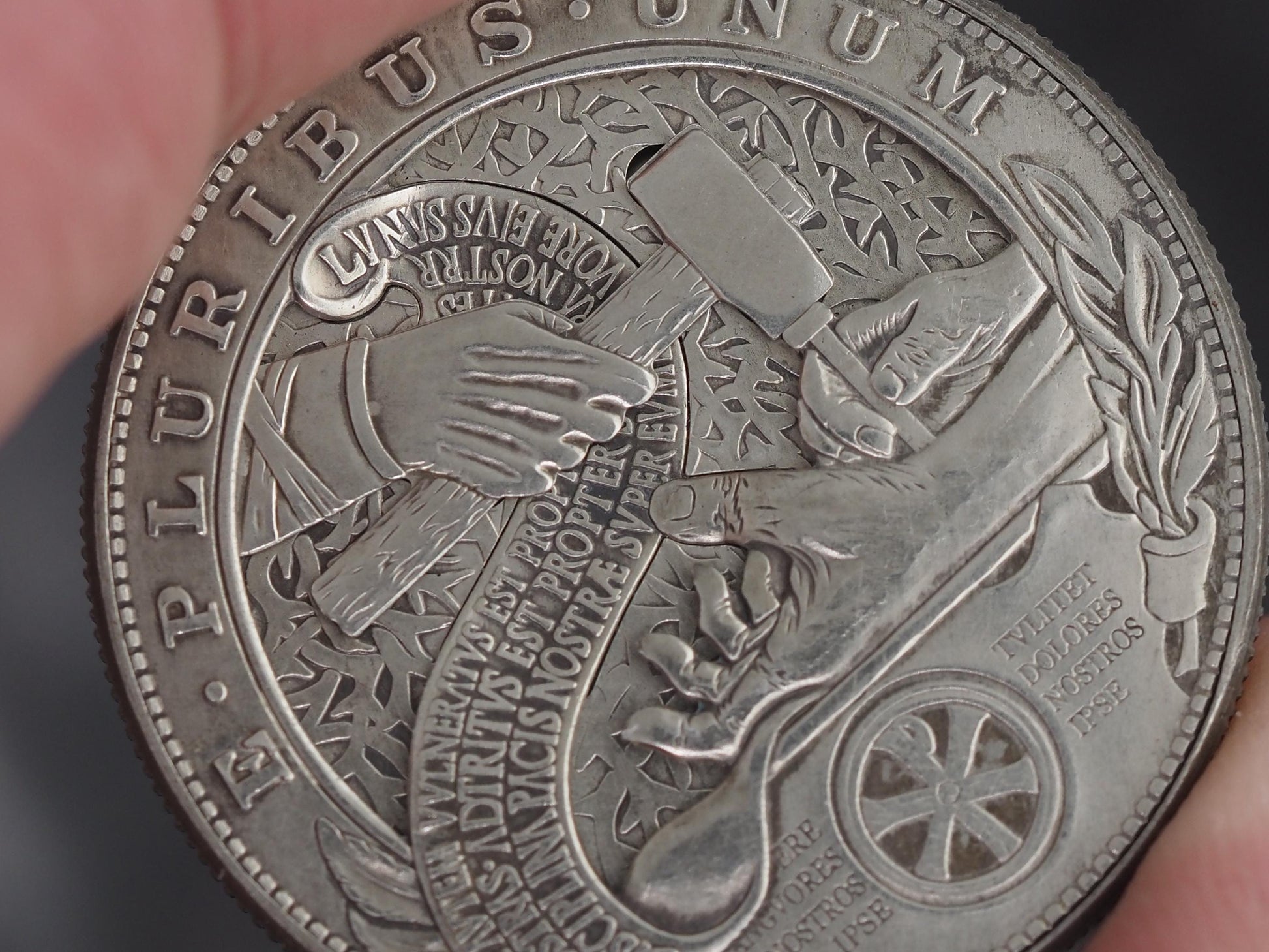 Christs Crucifixion Mechanical Morgan Dollar Replica (Silver) - Religious/God/Rapture/Biblical/Wrath/Empire - Roman Booteen/Moving Coin