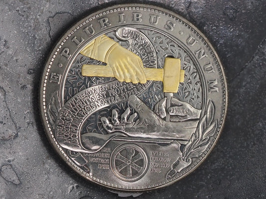 Christs Crucifixion Mechanical Morgan Dollar Replica (Gold Hammer) - Religious/God/Rapture/Biblical/Wrath/Empire - Roman Booteen/Moving Coin