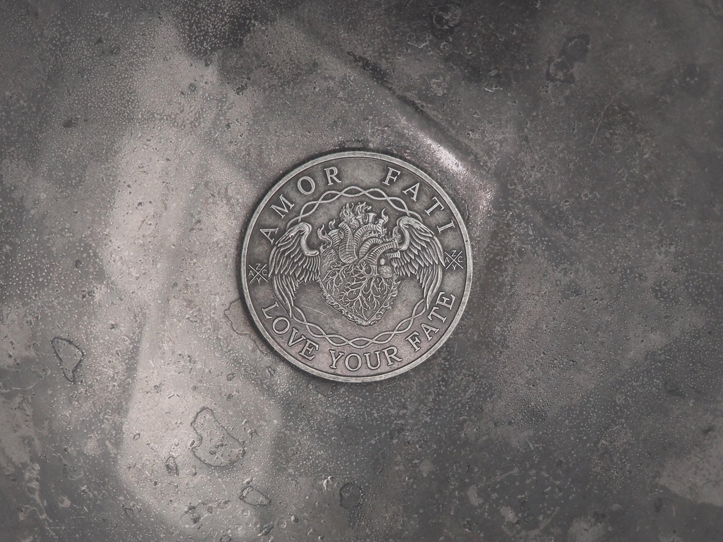 Silvered Memento Mori - "Love Your Fate" Coin - Hand Struck RPG TCG D&D Token/Medal -Skeleton/Vanitas/Death/Freemasonry/Masonic Relief