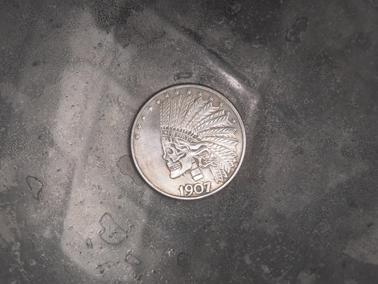 Hand Struck American Eagle Coin 10 Dollar Liberty Native Skull Head Peace Dollar Size - D&D, RPG, MTG Gaming Coin/Token/Medal