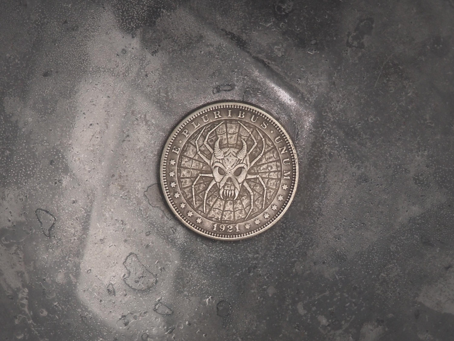Hand Struck Morgan Dollar - Skulled Spider - MementoMori/Death .999 Silver Plated Replica Coin/Token/Medal