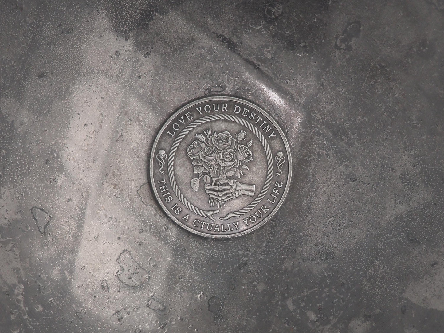 Silvered Memento Mori - "Love Your Fate" Coin - Hand Struck RPG TCG D&D Token/Medal -Skeleton/Vanitas/Death/Freemasonry/Masonic Relief