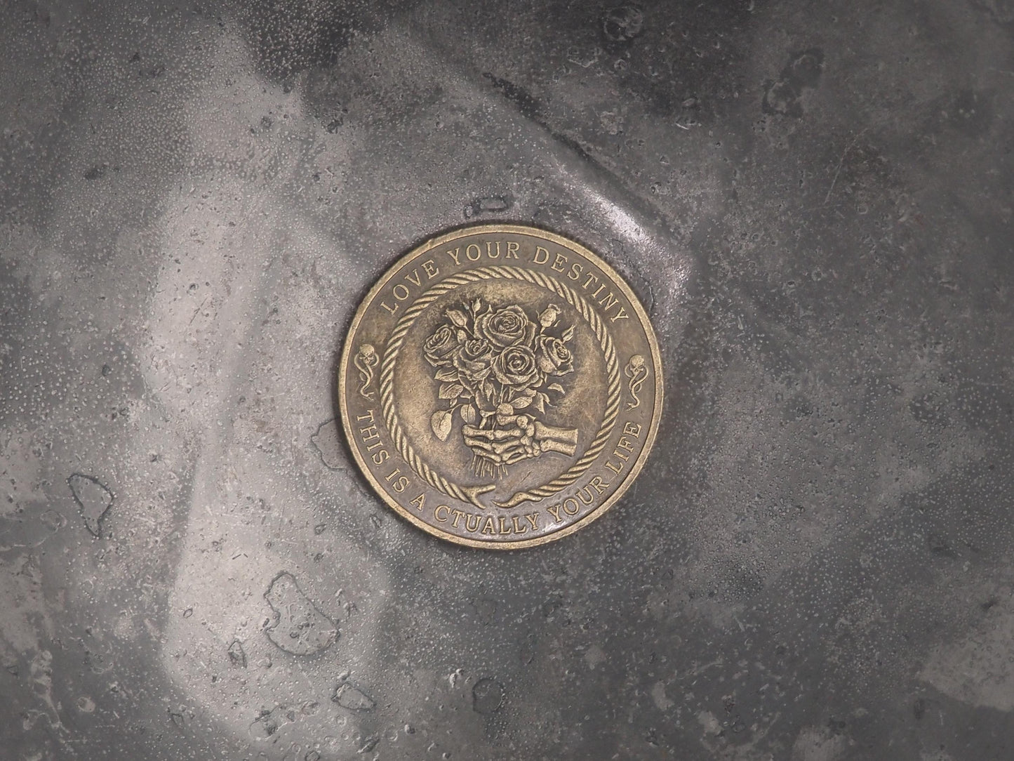 Silvered Memento Mori - "Love Your Fate" Coin - Hand Struck RPG TCG D&D Token/Medal -Skeleton/Vanitas/Death/Freemasonry/Masonic Relief