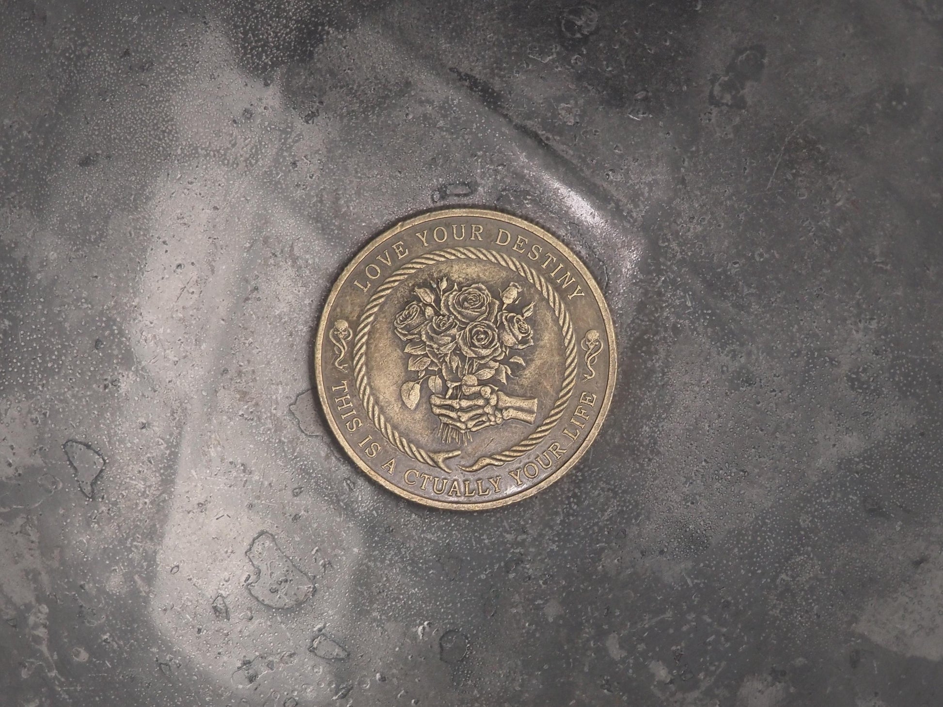 Silvered Memento Mori - "Love Your Fate" Coin - Hand Struck RPG TCG D&D Token/Medal -Skeleton/Vanitas/Death/Freemasonry/Masonic Relief