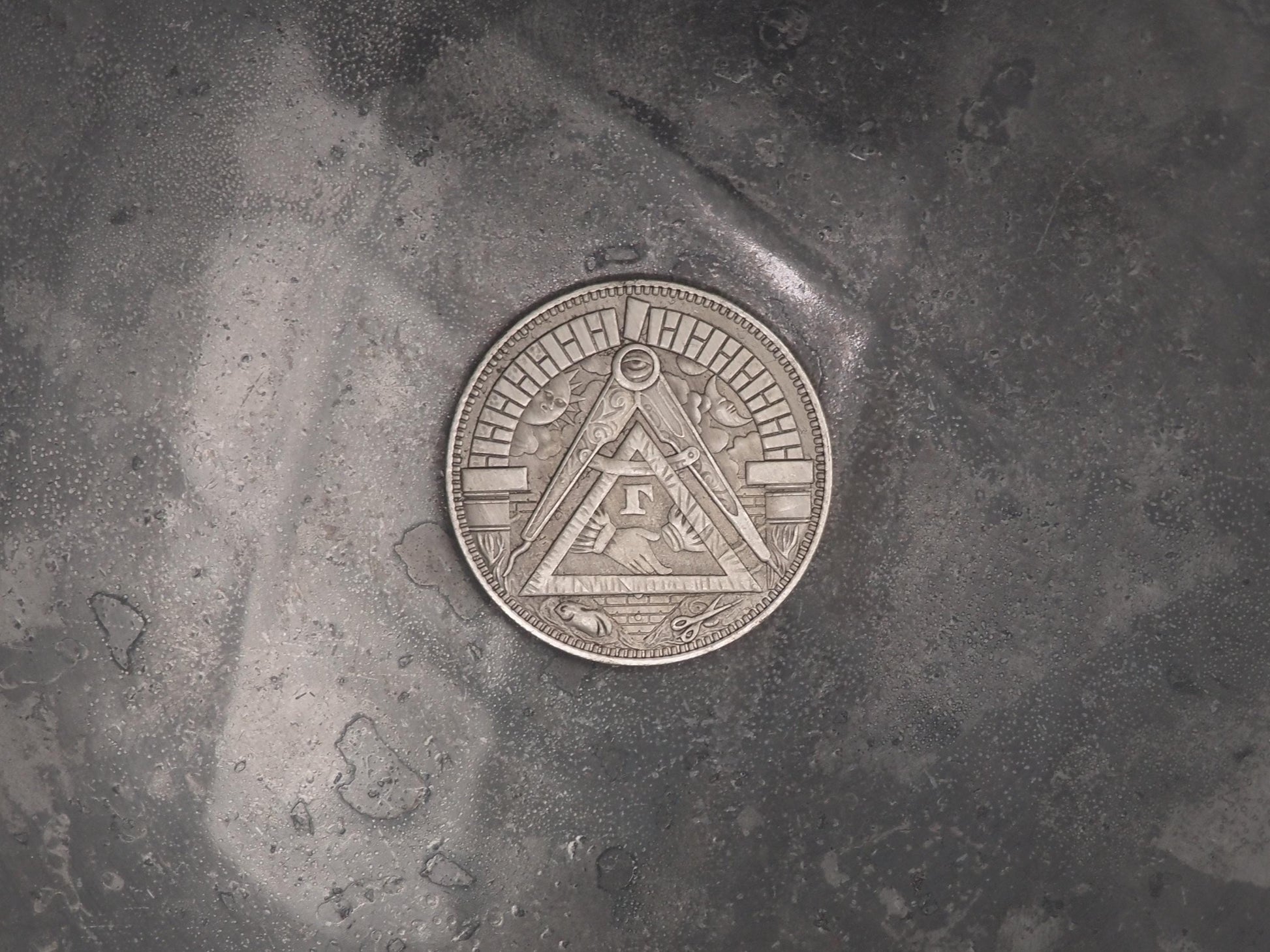 Hand Struck Silver Plated Coin: Double Sided Masonic Compass Coin Curio Plated Replica Coin