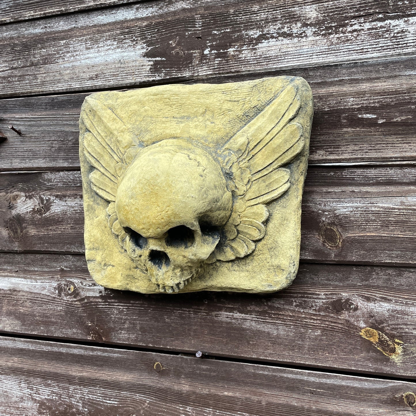 Aged Masonic Curiosity / Oddity: A Memento Mori Skull Angel Winged Cartouche Sculpture / Vanitas Gothic Death Art Curio