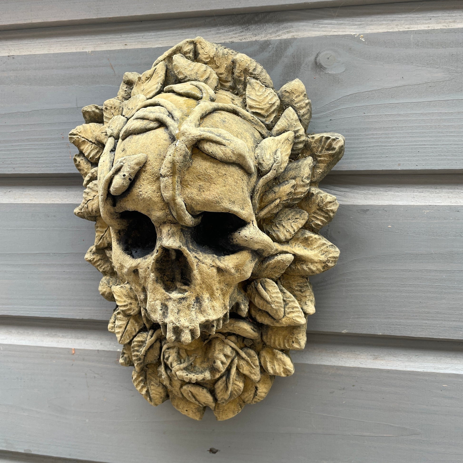 Aged Macabre Gothic Oddity: A Memento Mori Occult Spirit / Green Man Skull Sculpture / Vanitas Death Mask Art Curio