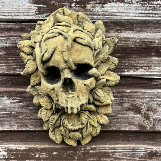 Aged Macabre Gothic Oddity: A Memento Mori Occult Spirit / Green Man Skull Sculpture / Vanitas Death Mask Art Curio