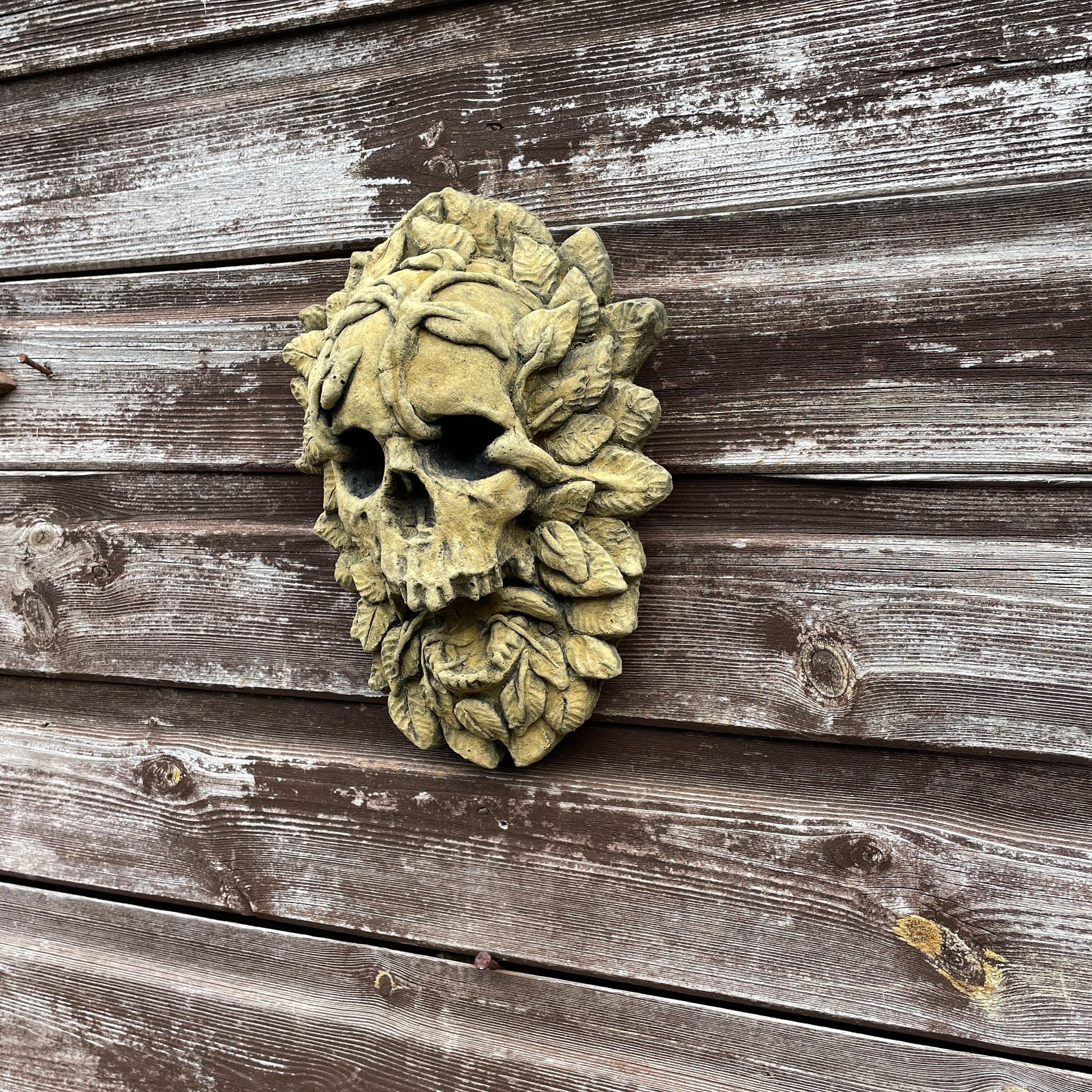 Aged Macabre Gothic Oddity: A Memento Mori Occult Spirit / Green Man Skull Sculpture / Vanitas Death Mask Art Curio