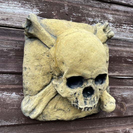 Aged Macabre Gothic Oddity: A Memento Mori Skull & Crossbones Cartouche Sculpture / Vanitas Postmortem Death Mask Art Curio