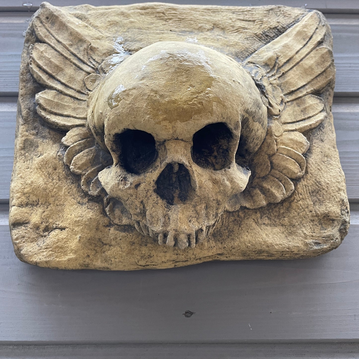 Aged Masonic Curiosity / Oddity: A Memento Mori Skull Angel Winged Cartouche Sculpture / Vanitas Gothic Death Art Curio