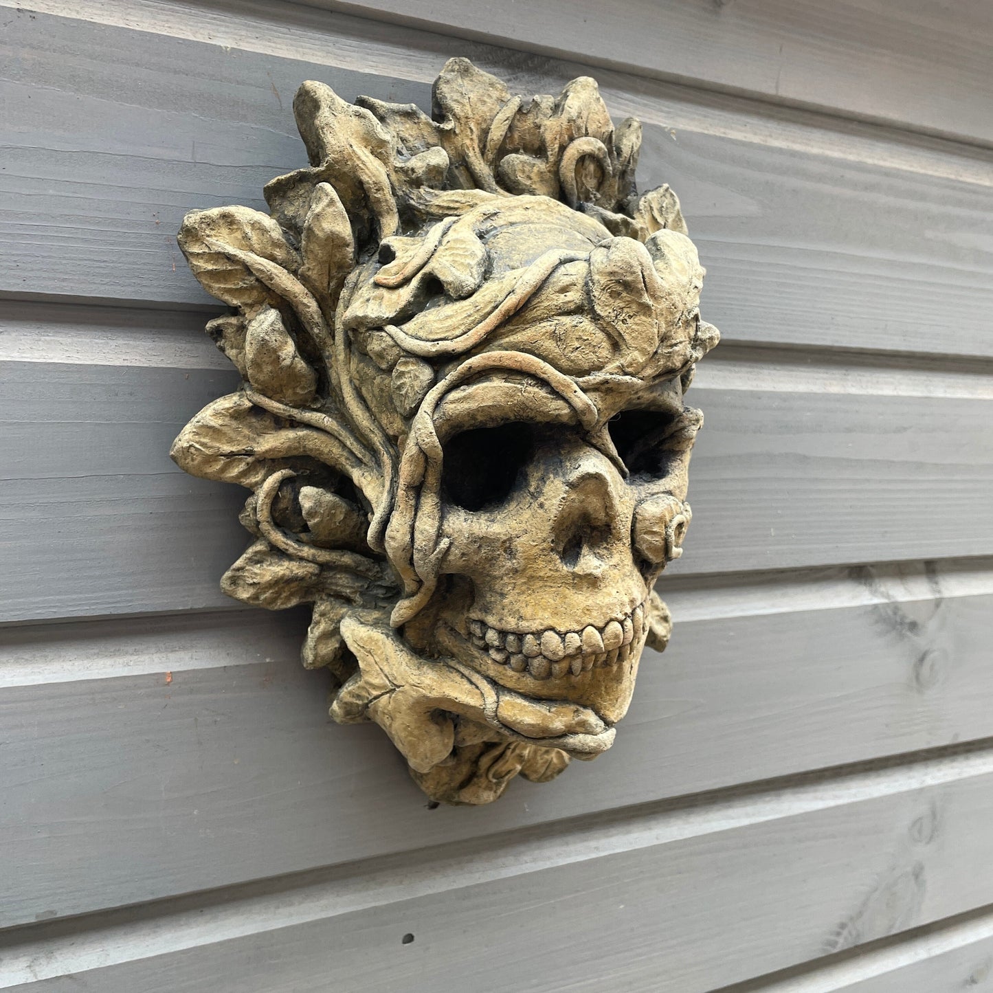 Aged Macabre Gothic Oddity: A Memento Mori Occult Spirit / Closed Mouth Green Man Skull Sculpture / Vanitas Death Mask Art Curio