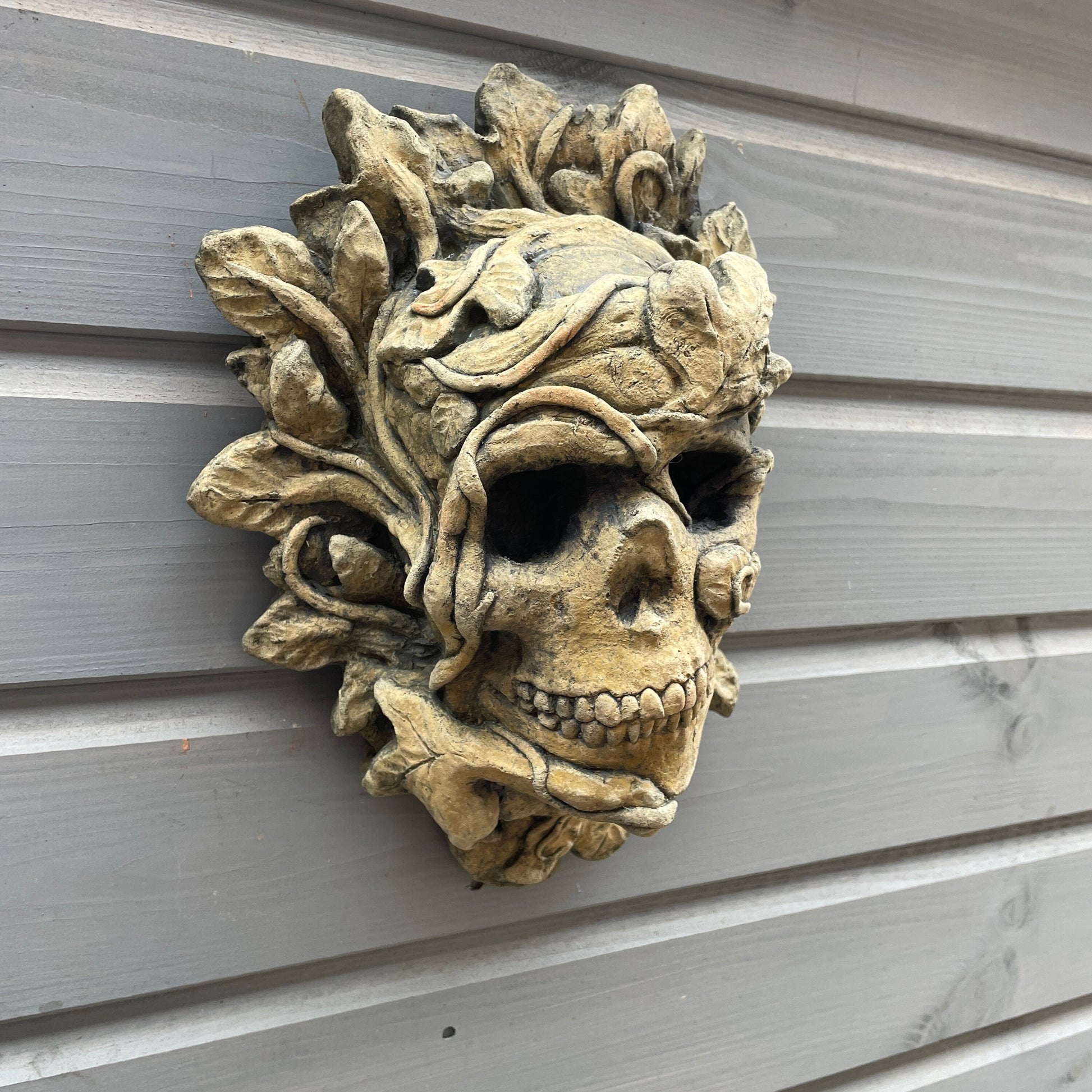 Aged Macabre Gothic Oddity: A Memento Mori Occult Spirit / Closed Mouth Green Man Skull Sculpture / Vanitas Death Mask Art Curio