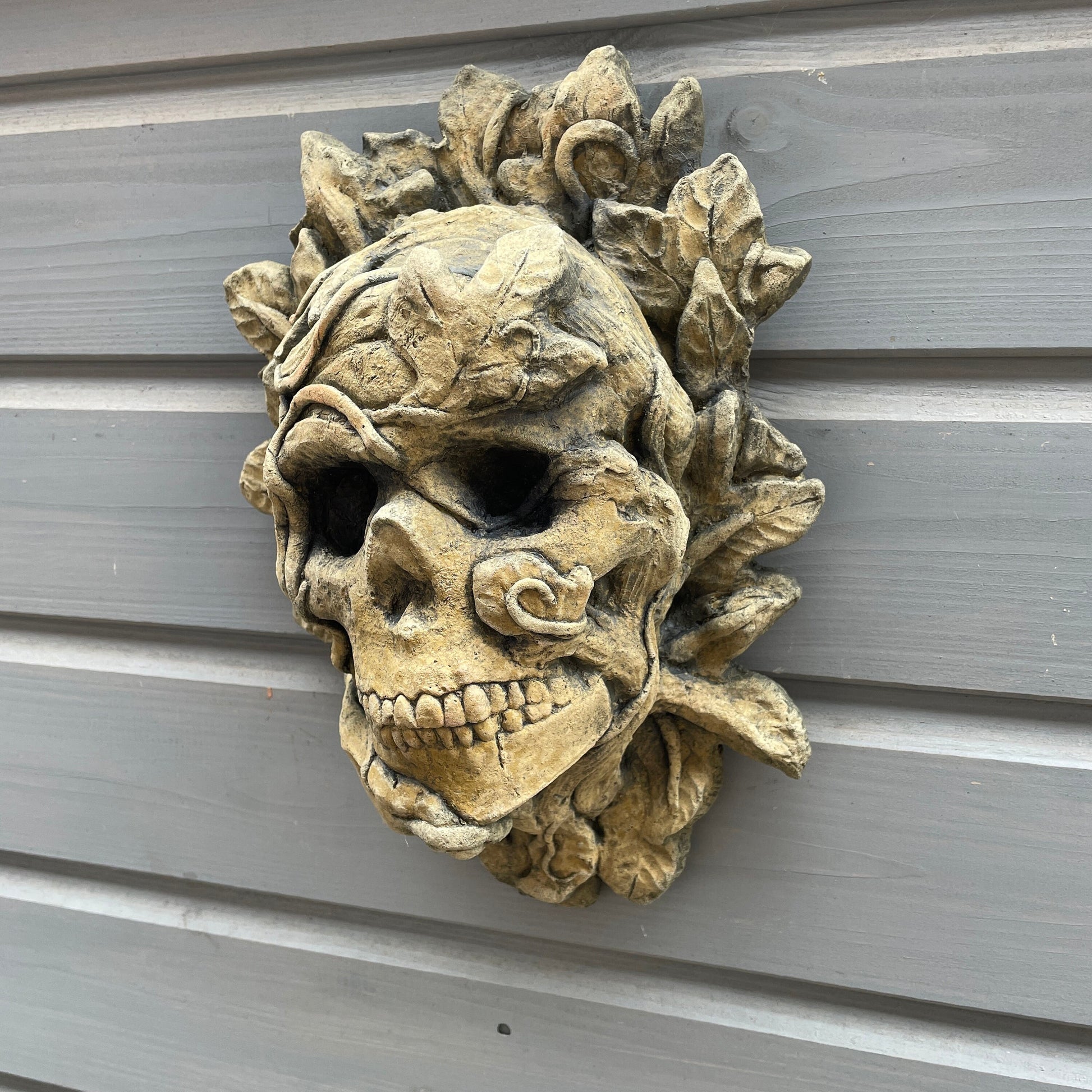 Aged Macabre Gothic Oddity: A Memento Mori Occult Spirit / Closed Mouth Green Man Skull Sculpture / Vanitas Death Mask Art Curio