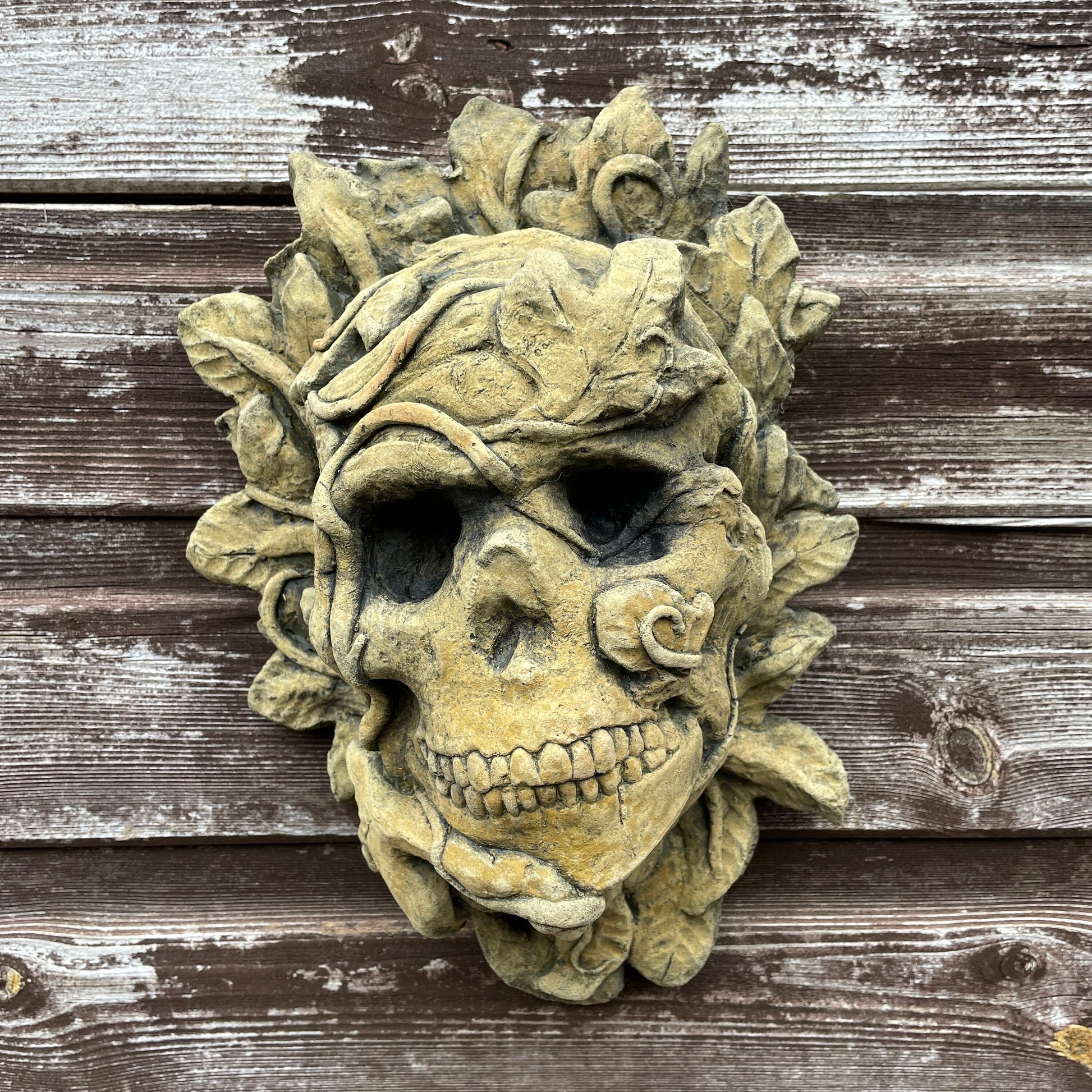 Aged Macabre Gothic Oddity: A Memento Mori Occult Spirit / Closed Mouth Green Man Skull Sculpture / Vanitas Death Mask Art Curio