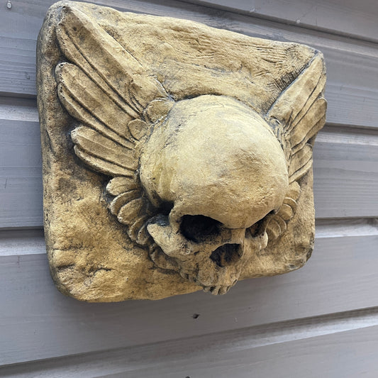 Aged Masonic Curiosity / Oddity: A Memento Mori Skull Angel Winged Cartouche Sculpture / Vanitas Gothic Death Art Curio