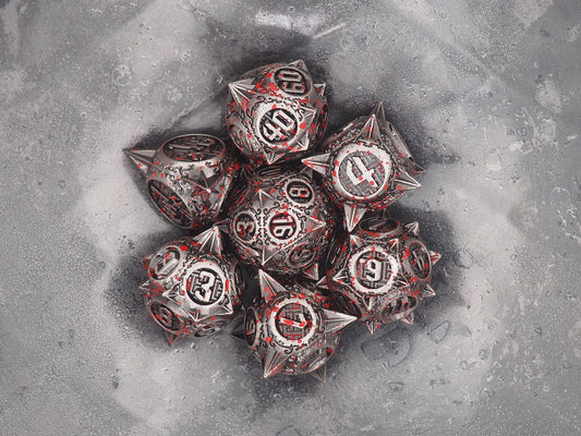 Juggernaut Spike Iron Blood Stained Metal 7pcs D20 Dice Set-D&D Dungeons And Dragons/MTG/RPG/TableTopGames-Memento Mori/Skull/Vanitas/Gothic