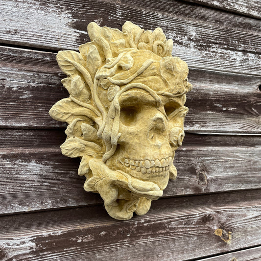 Plain Macabre Gothic Oddity: A Memento Mori Occult Spirit / Closed Mouth Green Man Skull Sculpture / Vanitas Death Mask Art Curio