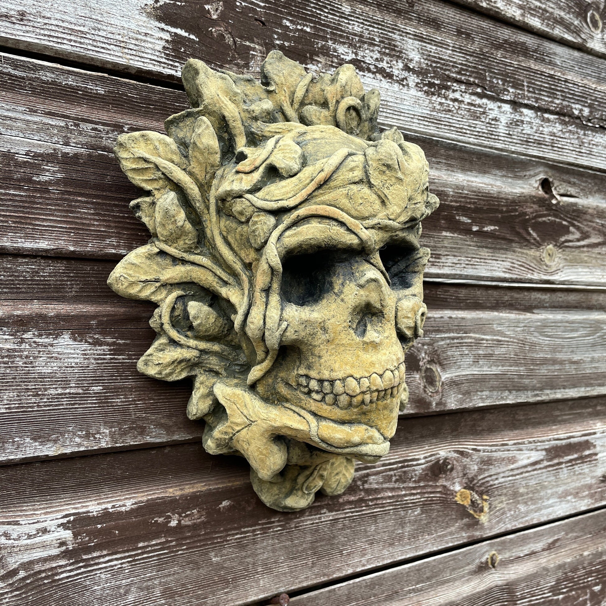 Aged Macabre Gothic Oddity: A Memento Mori Occult Spirit / Closed Mouth Green Man Skull Sculpture / Vanitas Death Mask Art Curio