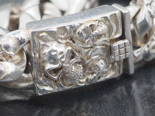 Original Memento Mori Design, Vanitas Reaper Skull Silver Curb Bracelet - A Heavy Hand Forged, Gothic Gift For Him Or Her - Silver Covered