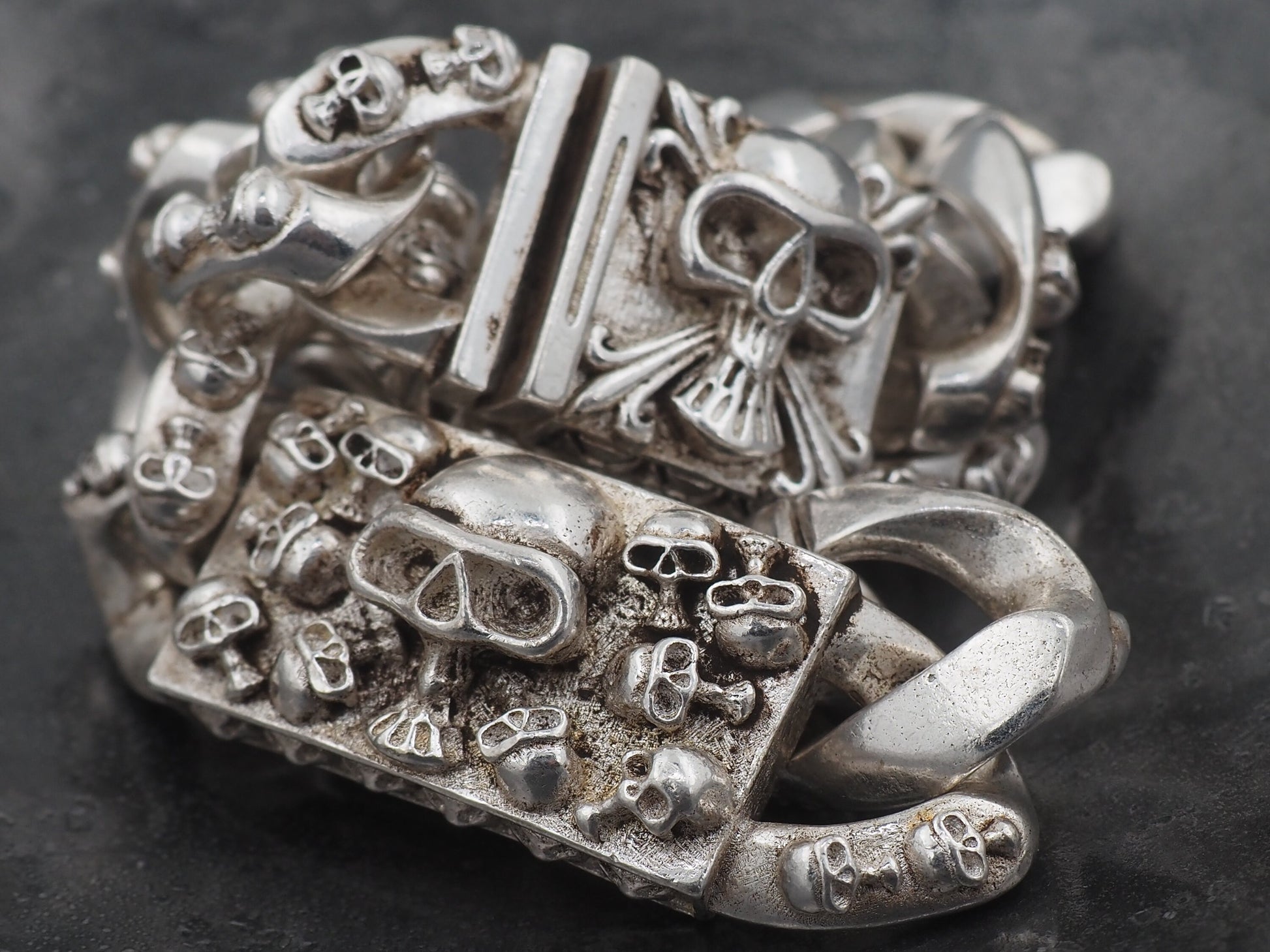 Original Memento Mori Design, Vanitas Double Skull Silver Curb Bracelet - A Heavy Hand Forged, Gothic Gift For Him Or Her - Silver Covered