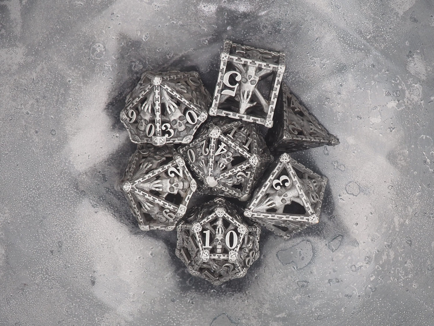 Undead Crossbones Steel Metal Hollow 7pcs D20 Dice Set-D&D Dungeons And Dragons/MTG/RPG/TableTopGames-Memento Mori/Skull/Vanitas/Gothic